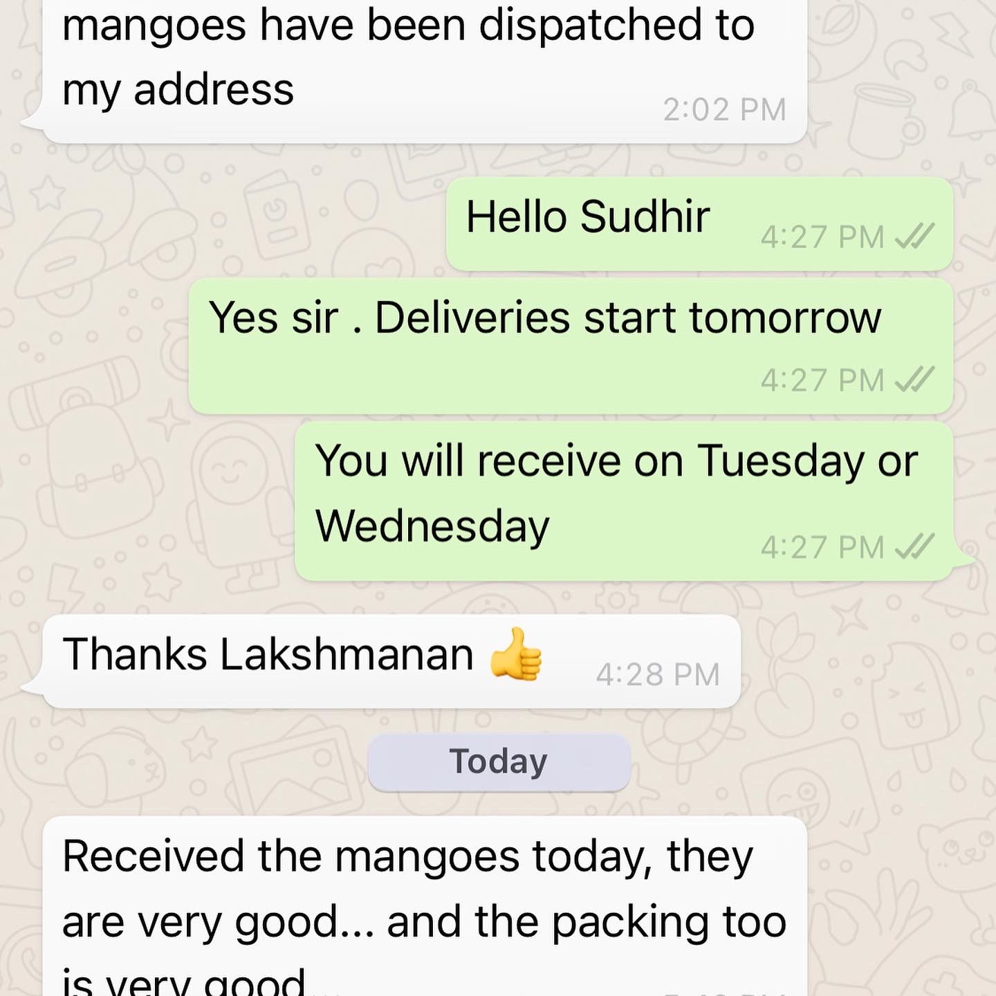 WhatsApp review — mangoes and packing quality