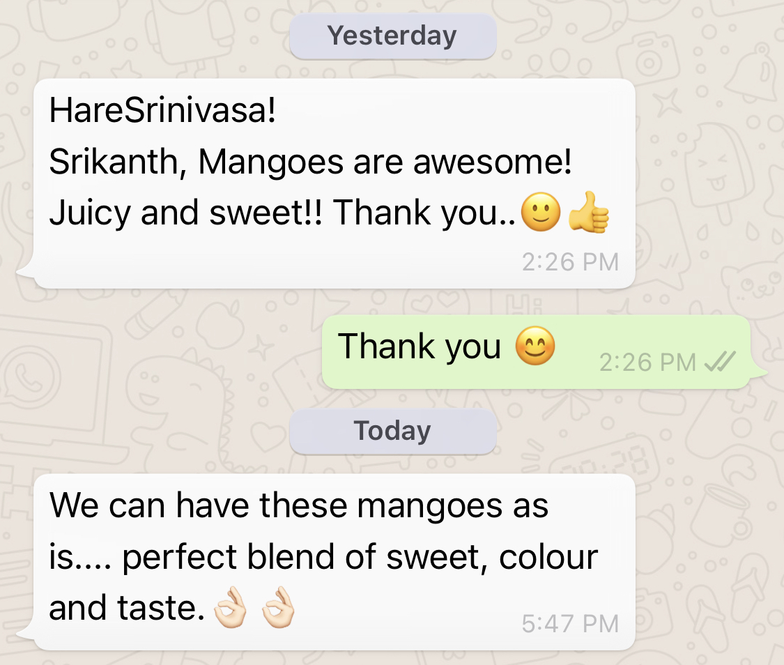 WhatsApp customer review screenshot — SooperMango mangoes